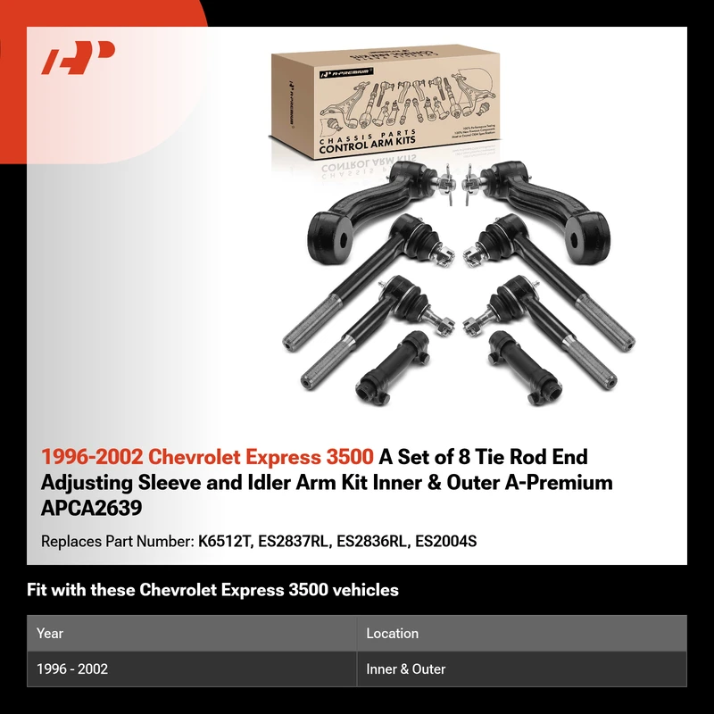 1996-2002 Chevrolet Express 3500 A Set of 8 Tie Rod End Adjusting Sleeve and Idler Arm Kit Inner & Outer A-Premium APCA2639