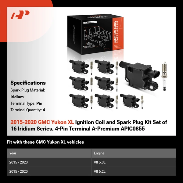 2015-2020 GMC Yukon XL Ignition Coil and Spark Plug Kit Set of 16 Iridium Series, 4-Pin Terminal A-Premium APIC0855