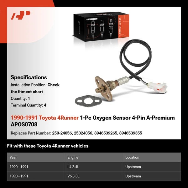 1990-1991 Toyota 4Runner 1-Pc Oxygen Sensor 4-Pin A-Premium APOS0708