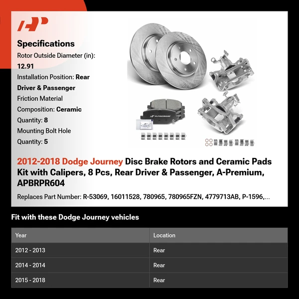 2012-2018 Dodge Journey Disc Brake Rotors and Ceramic Pads Kit with Calipers, 8 Pcs, Rear Driver & Passenger, A-Premium, APBRPR604