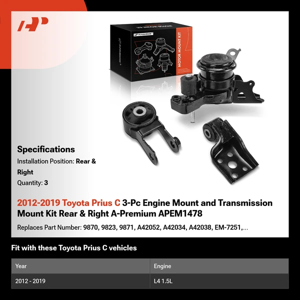 2012-2019 Toyota Prius C 3-Pc Engine Mount and Transmission Mount Kit Rear & Right A-Premium APEM1478