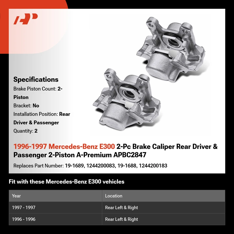 1996-1997 Mercedes-Benz E300 2-Pc Brake Caliper Rear Driver & Passenger 2-Piston A-Premium APBC2847