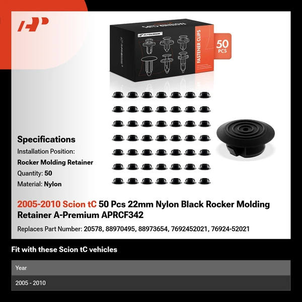 2005-2010 Scion tC 50 Pcs 22mm Nylon Black Rocker Molding Retainer A-Premium APRCF342