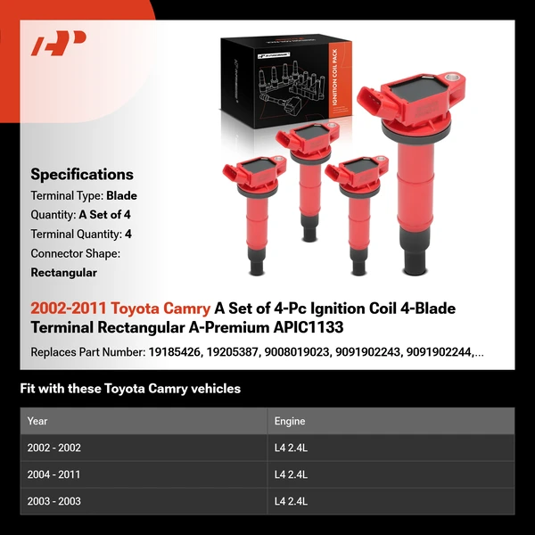 2002-2011 Toyota Camry A Set of 4-Pc Ignition Coil 4-Blade Terminal Rectangular A-Premium APIC1133