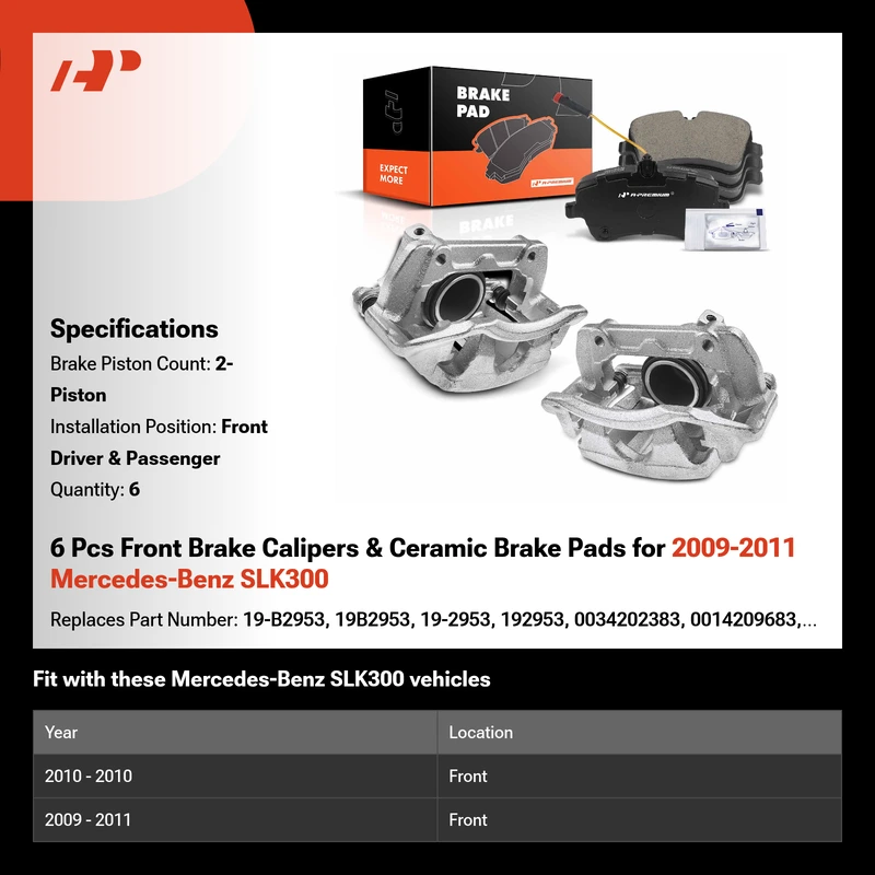 6 Pcs Front Brake Calipers & Ceramic Brake Pads for 2009-2011 Mercedes-Benz SLK300