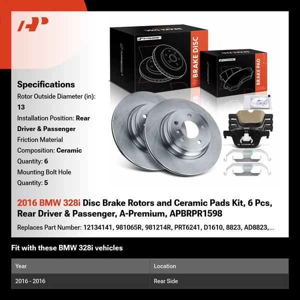 2016 BMW 328i Disc Brake Rotors and Ceramic Pads Kit, 6 Pcs, Rear Driver & Passenger, A-Premium, APBRPR1598