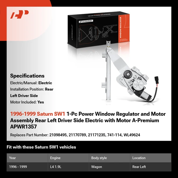 1996-1999 Saturn SW1 1-Pc Power Window Regulator and Motor Assembly Rear Left Driver Side Electric with Motor A-Premium APWR1357