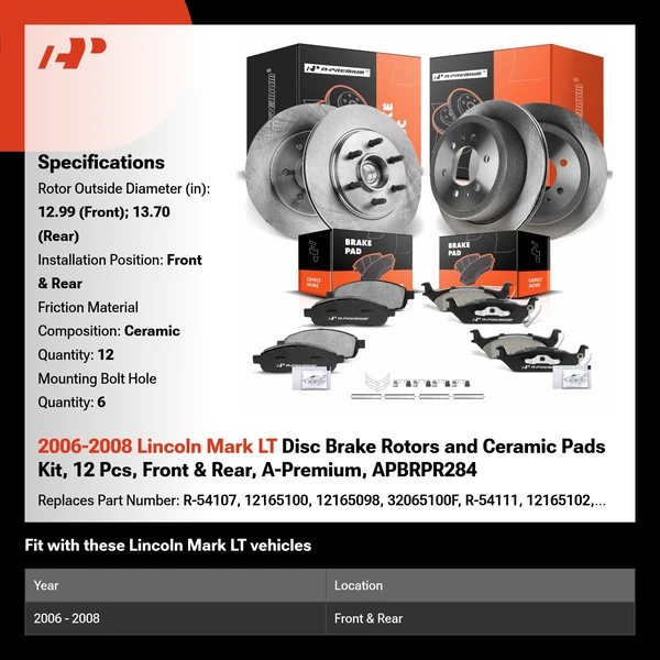 2006-2008 Lincoln Mark LT Disc Brake Rotors and Ceramic Pads Kit, 12 Pcs, Front & Rear, A-Premium, APBRPR284