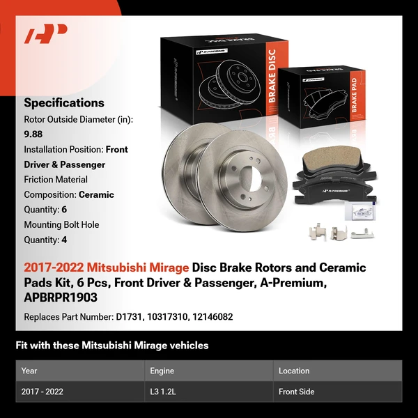 2017-2022 Mitsubishi Mirage Disc Brake Rotors and Ceramic Pads Kit, 6 Pcs, Front Driver & Passenger, A-Premium, APBRPR1903