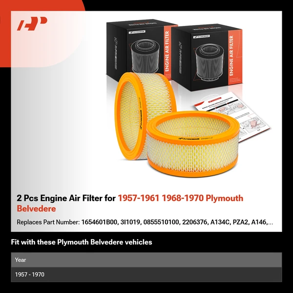 2 Pcs Engine Air Filter for 1957-1961 1968-1970 Plymouth Belvedere