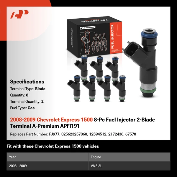 2008-2009 Chevrolet Express 1500 8-Pc Fuel Injector 2-Blade Terminal A-Premium APFI191