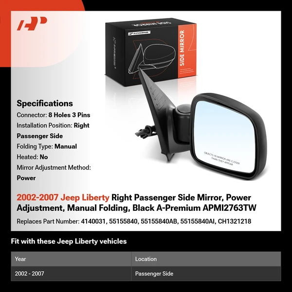 2002-2007 Jeep Liberty Right Passenger Side Mirror, Power Adjustment, Manual Folding, Black A-Premium APMI2763TW