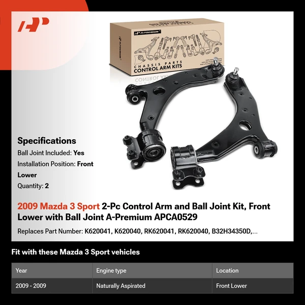 2009 Mazda 3 Sport 2-Pc Control Arm and Ball Joint Kit, Front Lower with Ball Joint A-Premium APCA0529