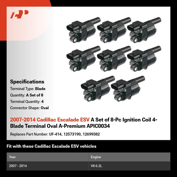 2007-2014 Cadillac Escalade ESV A Set of 8-Pc Ignition Coil 4-Blade Terminal Oval A-Premium APIC0034