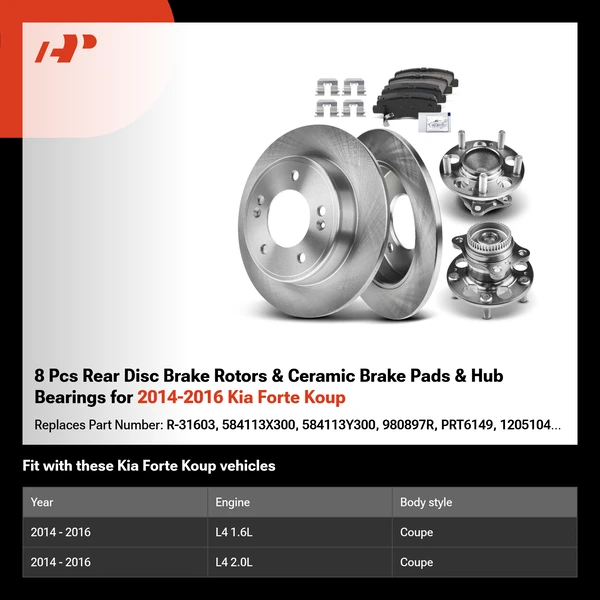 8 Pcs Rear Disc Brake Rotors & Ceramic Brake Pads & Hub Bearings for 2014-2016 Kia Forte Koup
