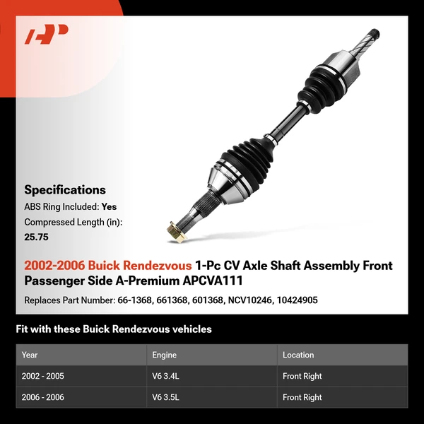 2002-2006 Buick Rendezvous 1-Pc CV Axle Shaft Assembly Front Passenger Side A-Premium APCVA111
