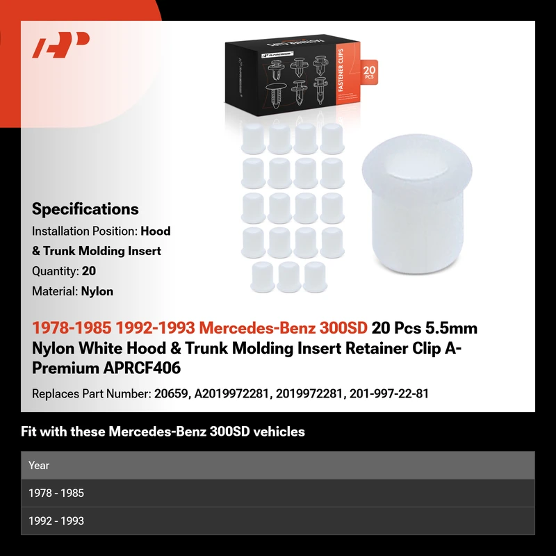 1978-1985 1992-1993 Mercedes-Benz 300SD 20 Pcs 5.5mm Nylon White Hood & Trunk Molding Insert Retainer Clip A-Premium APRCF406