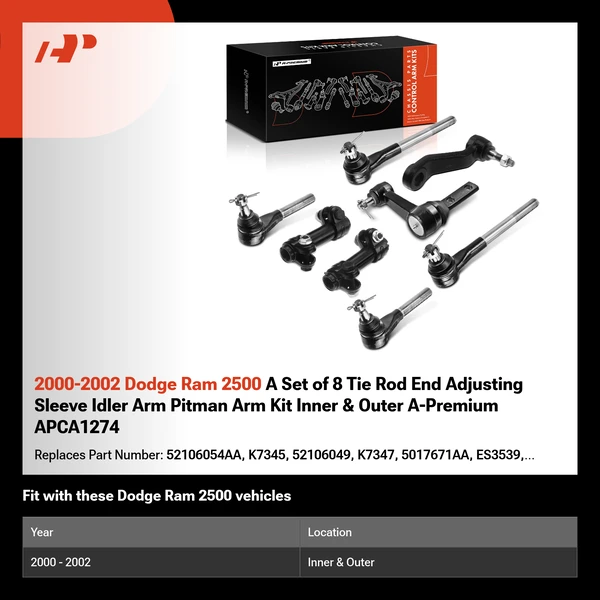 2000-2002 Dodge Ram 2500 A Set of 8 Tie Rod End Adjusting Sleeve Idler Arm Pitman Arm Kit Inner & Outer A-Premium APCA1274