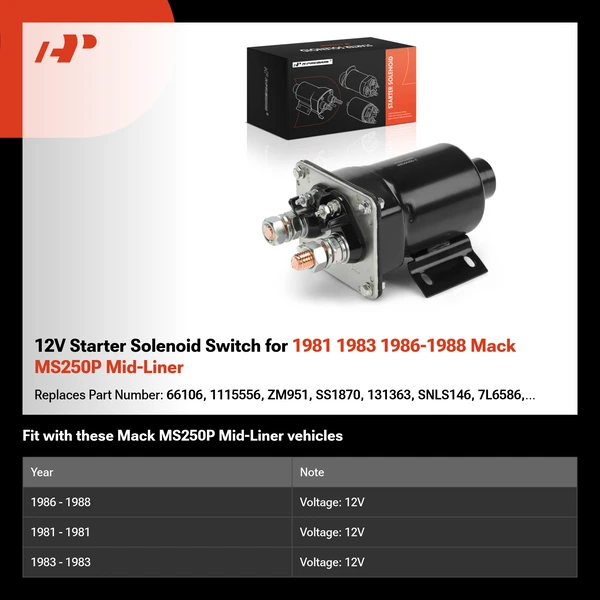 12V Starter Solenoid Switch for 1981 1983 1986-1988 Mack MS250P Mid-Liner