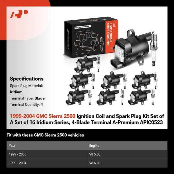 1999-2004 GMC Sierra 2500 Ignition Coil and Spark Plug Kit Set of A Set of 16 Iridium Series, 4-Blade Terminal A-Premium APIC0523
