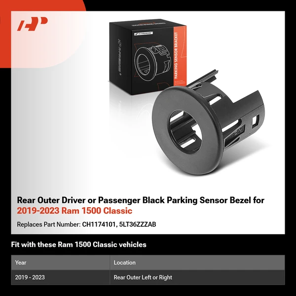Rear Outer Driver or Passenger Black Parking Sensor Bezel for 2019-2023 Ram 1500 Classic