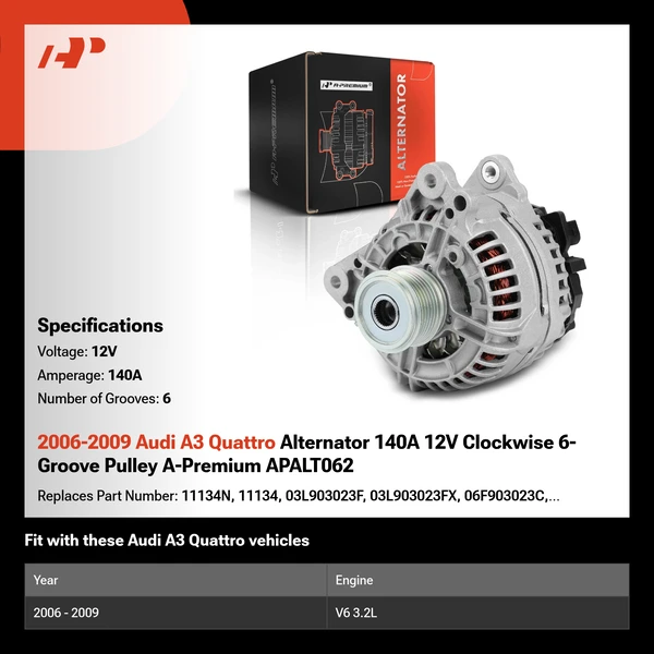 2006-2009 Audi A3 Quattro Alternator 140A 12V Clockwise 6-Groove Pulley A-Premium APALT062