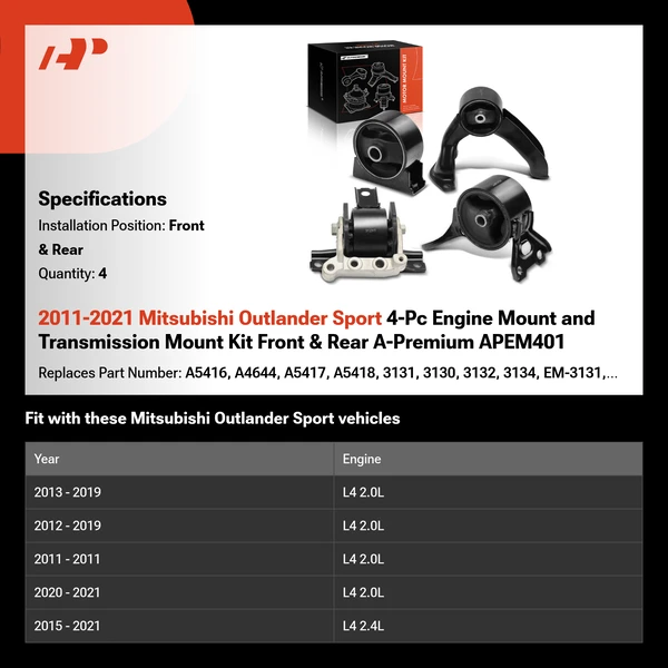 2011-2021 Mitsubishi Outlander Sport 4-Pc Engine Mount and Transmission Mount Kit Front & Rear A-Premium APEM401