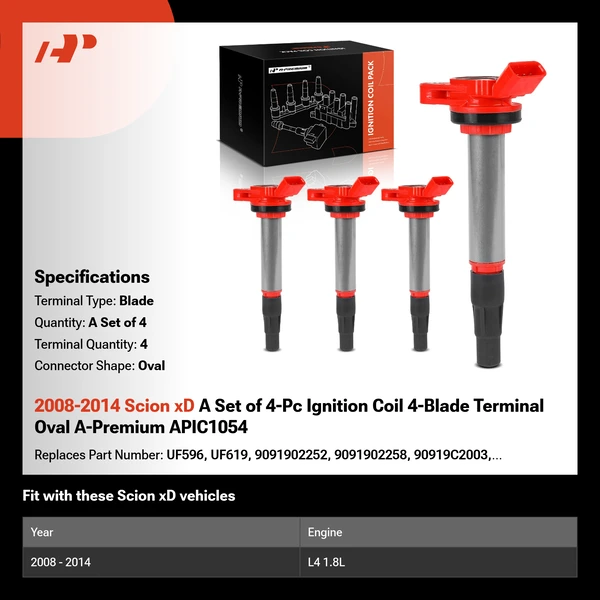 2008-2014 Scion xD A Set of 4-Pc Ignition Coil 4-Blade Terminal Oval A-Premium APIC1054