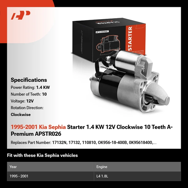 1995-2001 Kia Sephia Starter 1.4 KW 12V Clockwise 10 Teeth A-Premium APSTR026