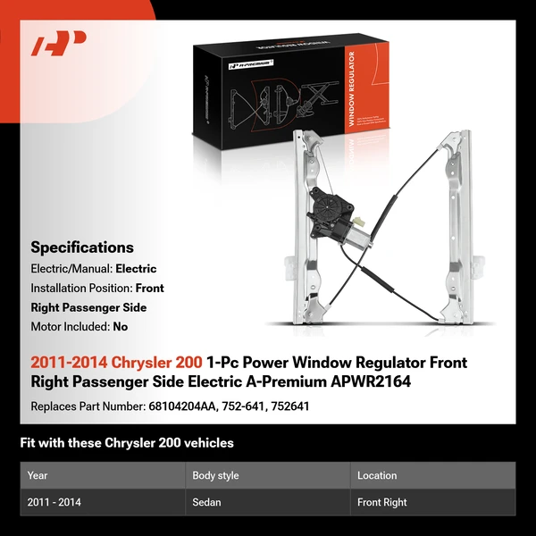 2011-2014 Chrysler 200 1-Pc Power Window Regulator Front Right Passenger Side Electric A-Premium APWR2164