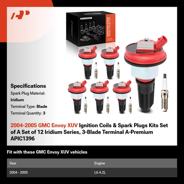2004-2005 GMC Envoy XUV Ignition Coils & Spark Plugs Kits Set of A Set of 12 Iridium Series, 3-Blade Terminal A-Premium APIC1396