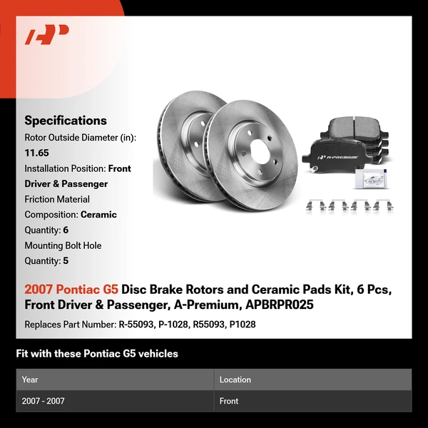 2007 Pontiac G5 Disc Brake Rotors and Ceramic Pads Kit, 6 Pcs, Front Driver & Passenger, A-Premium, APBRPR025
