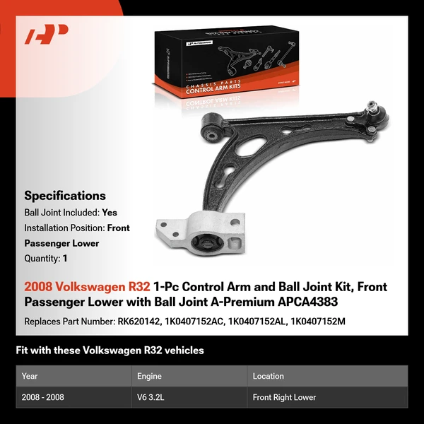 2008 Volkswagen R32 1-Pc Control Arm and Ball Joint Kit, Front Passenger Lower with Ball Joint A-Premium APCA4383