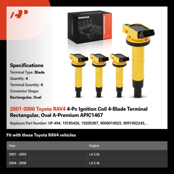2001-2008 Toyota RAV4 4-Pc Ignition Coil 4-Blade Terminal Rectangular, Oval A-Premium APIC1467
