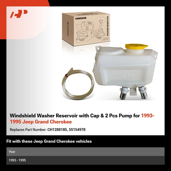 Windshield Washer Reservoir with Cap & 2 Pcs Pump for 1993-1995 Jeep Grand Cherokee