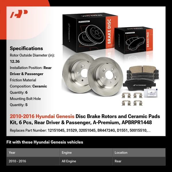 2010-2016 Hyundai Genesis Disc Brake Rotors and Ceramic Pads Kit, 6 Pcs, Rear Driver & Passenger, A-Premium, APBRPR1448