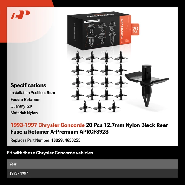 1993-1997 Chrysler Concorde 20 Pcs 12.7mm Nylon Black Rear Fascia Retainer A-Premium APRCF3923