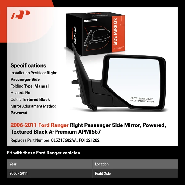 2006-2011 Ford Ranger Right Passenger Side Mirror, Powered, Textured Black A-Premium APMI667