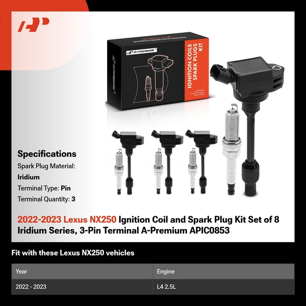 2022-2023 Lexus NX250 Ignition Coil and Spark Plug Kit Set of 8 Iridium Series, 3-Pin Terminal A-Premium APIC0853
