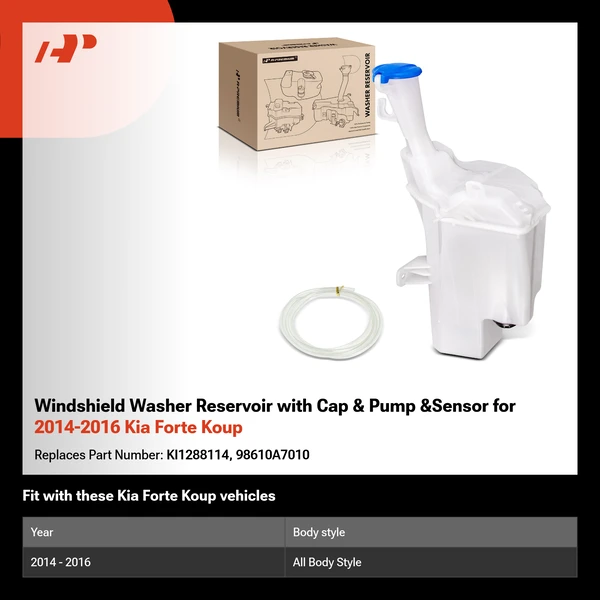 Windshield Washer Reservoir with Cap & Pump &Sensor for 2014-2016 Kia Forte Koup