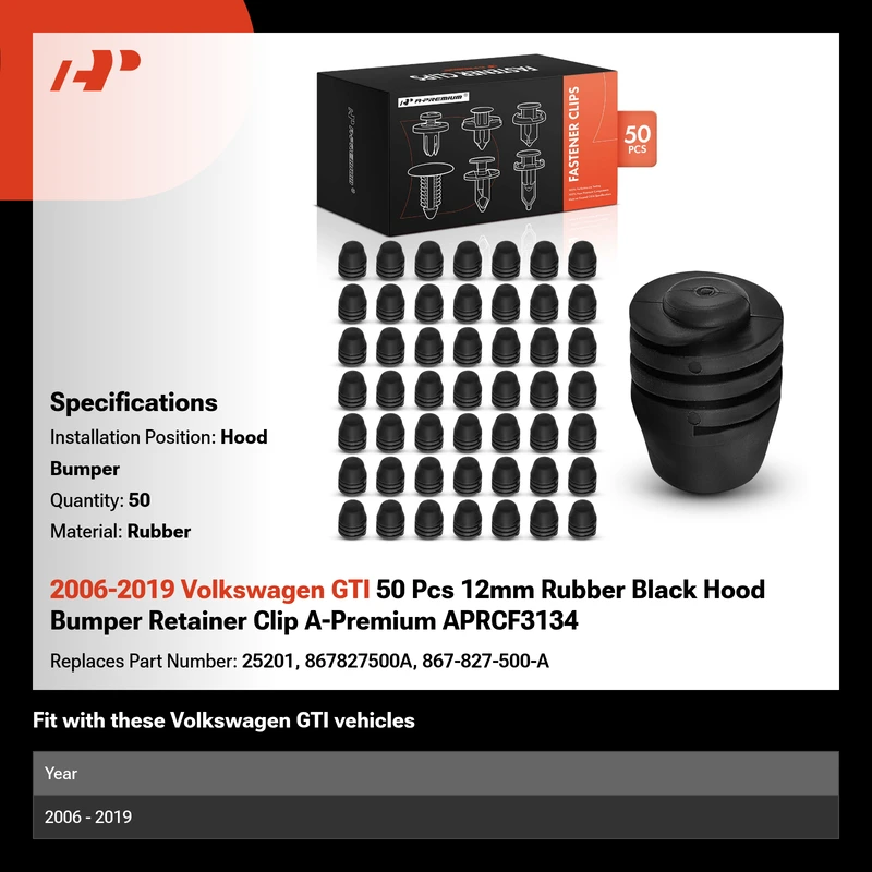 2006-2019 Volkswagen GTI 50 Pcs 12mm Rubber Black Hood Bumper Retainer Clip A-Premium APRCF3134