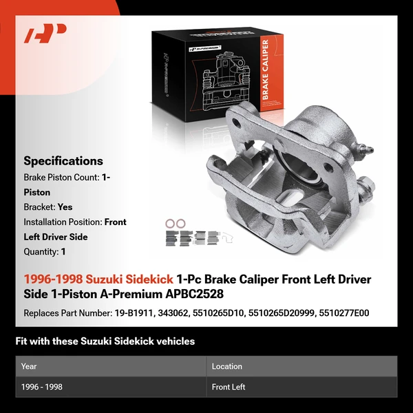 1996-1998 Suzuki Sidekick 1-Pc Brake Caliper Front Left Driver Side 1-Piston A-Premium APBC2528