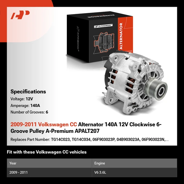 2009-2011 Volkswagen CC Alternator 140A 12V Clockwise 6-Groove Pulley A-Premium APALT207