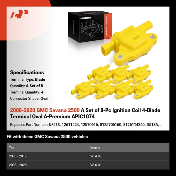 2008-2020 GMC Savana 2500 A Set of 8-Pc Ignition Coil 4-Blade Terminal Oval A-Premium APIC1074