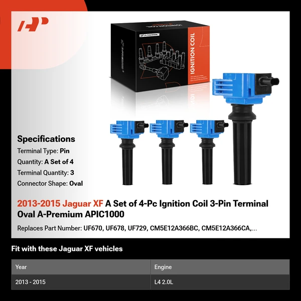 2013-2015 Jaguar XF A Set of 4-Pc Ignition Coil 3-Pin Terminal Oval A-Premium APIC1000