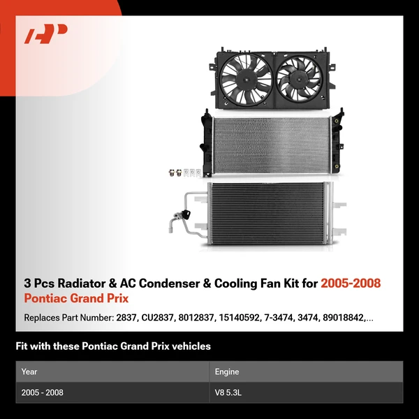 3 Pcs Radiator & AC Condenser & Cooling Fan Kit for 2005-2008 Pontiac Grand Prix
