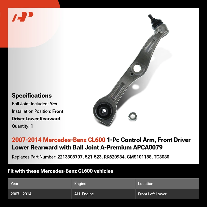 2007-2014 Mercedes-Benz CL600 1-Pc Control Arm, Front Driver Lower Rearward with Ball Joint A-Premium APCA0079