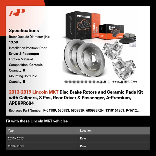 2013-2019 Lincoln MKT Disc Brake Rotors and Ceramic Pads Kit with Calipers, 8 Pcs, Rear Driver & Passenger, A-Premium, APBRPR684