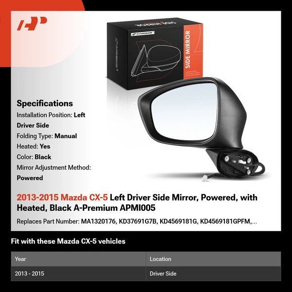 2013-2015 Mazda CX-5 Left Driver Side Mirror, Powered, with Heated, Black A-Premium APMI005