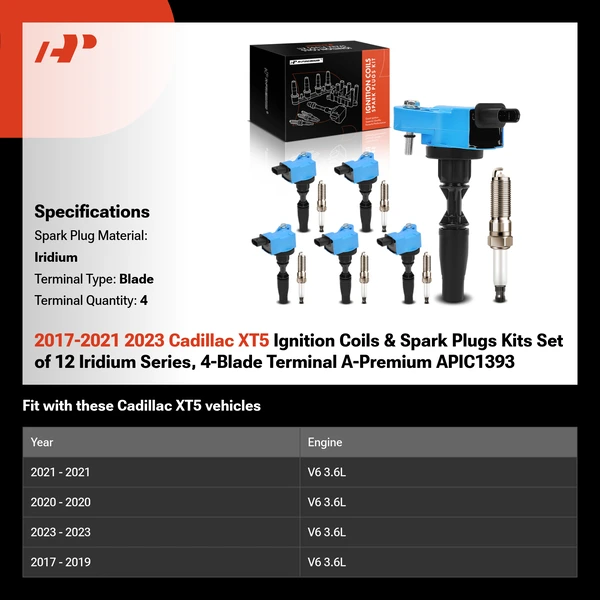 2017-2021 2023 Cadillac XT5 Ignition Coils & Spark Plugs Kits Set of 12 Iridium Series, 4-Blade Terminal A-Premium APIC1393